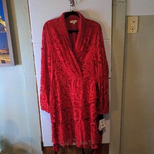 NWT. Sexy Red Lace Long Sleeve Dress With Ruffles And a Bow! Size 14